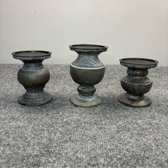 PartyLite Modern Rustic Pillar Holders Set of 3 Gray Wood Finish P9053 with Box - Picture 2 of 15